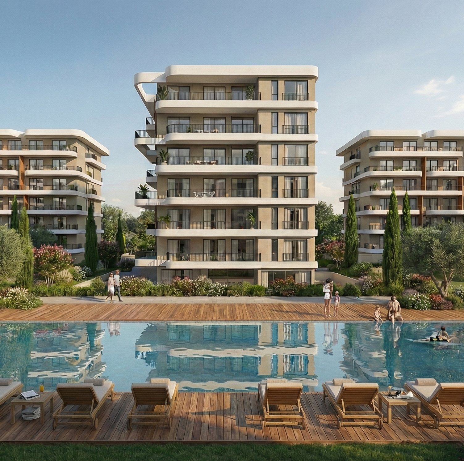Modern multi-story apartment buildings overlooking a large swimming pool with lush green landscaping.