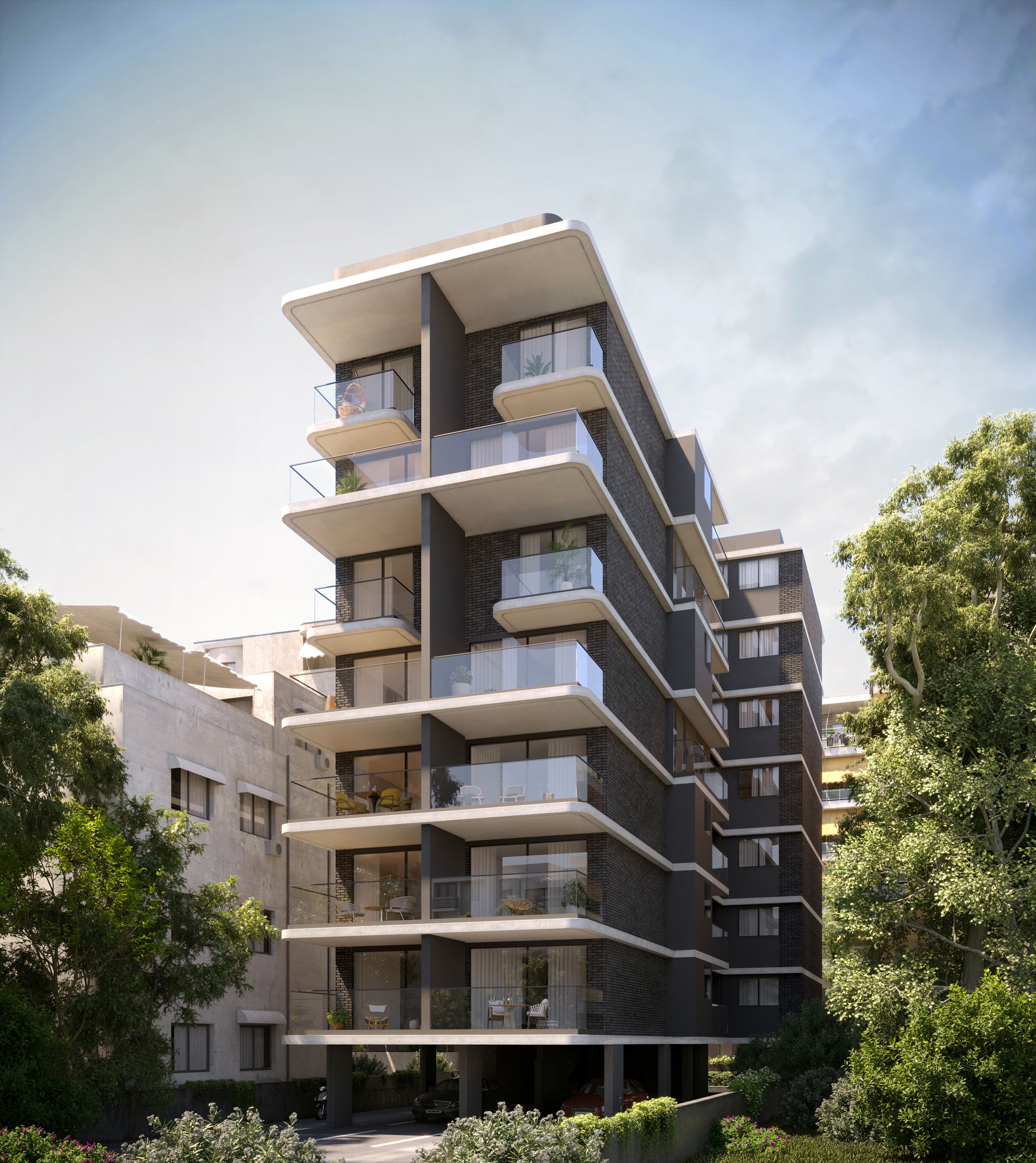 Modern multi-story apartment building with dark facade and white balconies, surrounded by green trees.