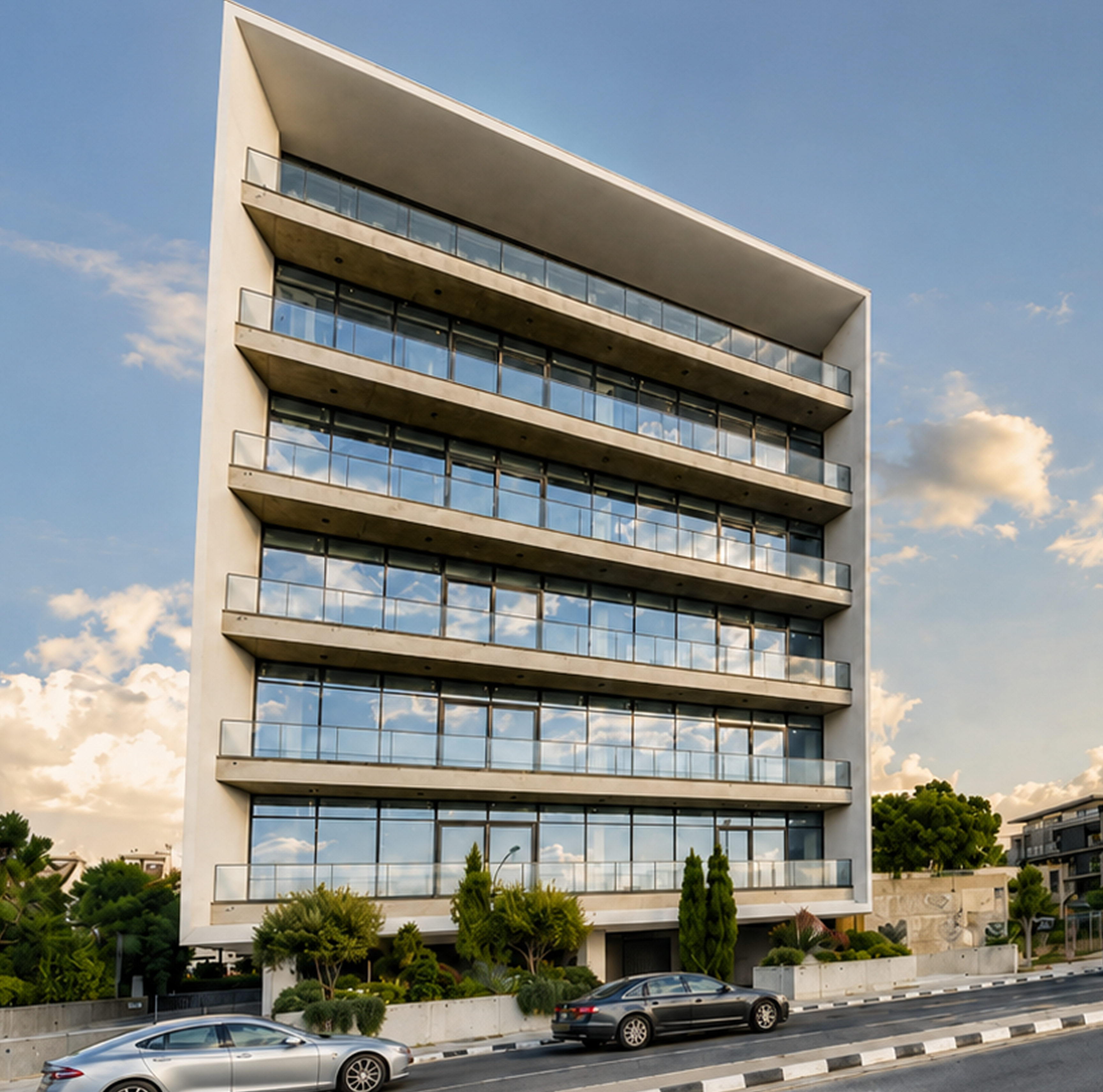 Modern angular building with white facade, large windows, and balconies under a cloudy sky.