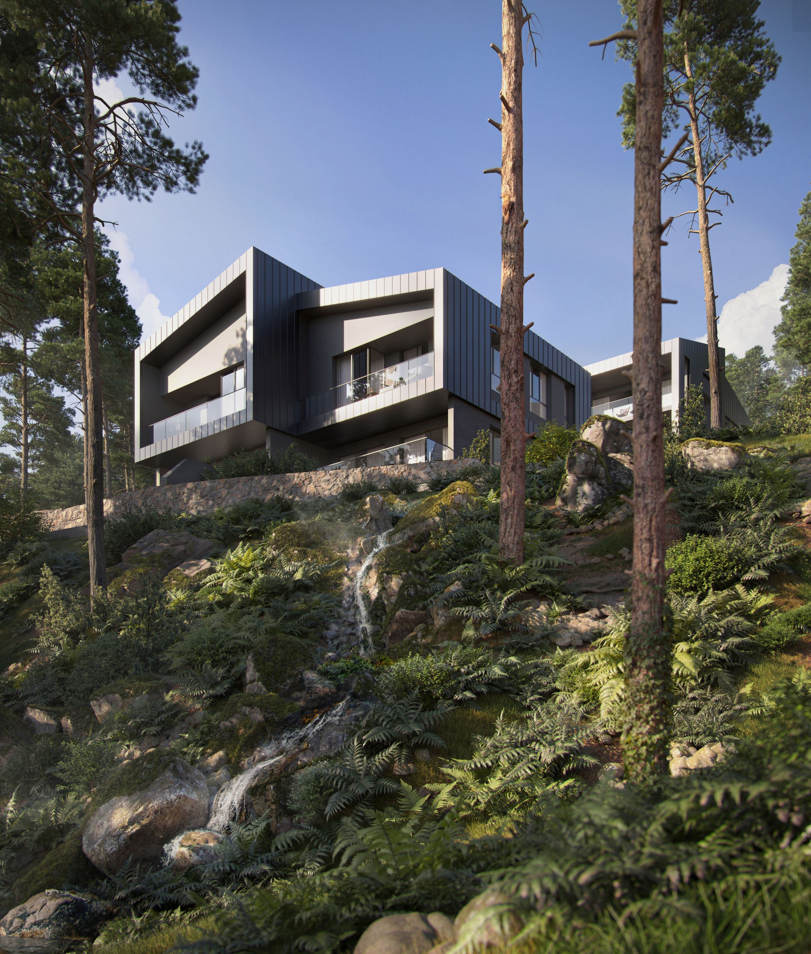Modern dark house with angular design sits on a rocky, tree-covered hillside.