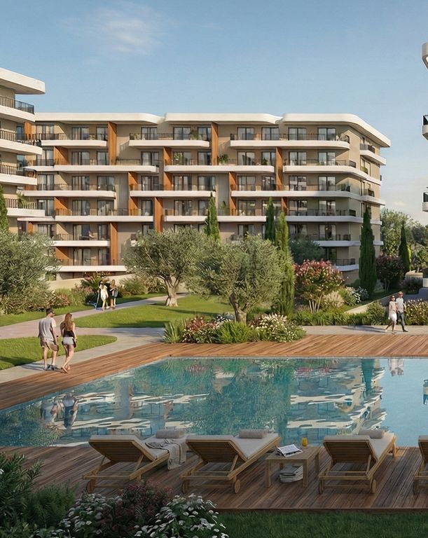 Modern apartment complex with a swimming pool and landscaped gardens on a sunny day.