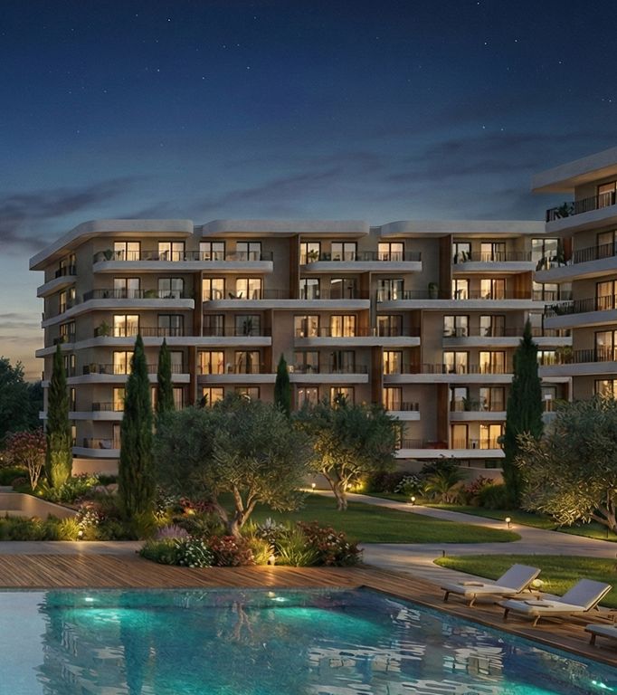 Modern apartment building at night with a lit swimming pool and lush landscaping.