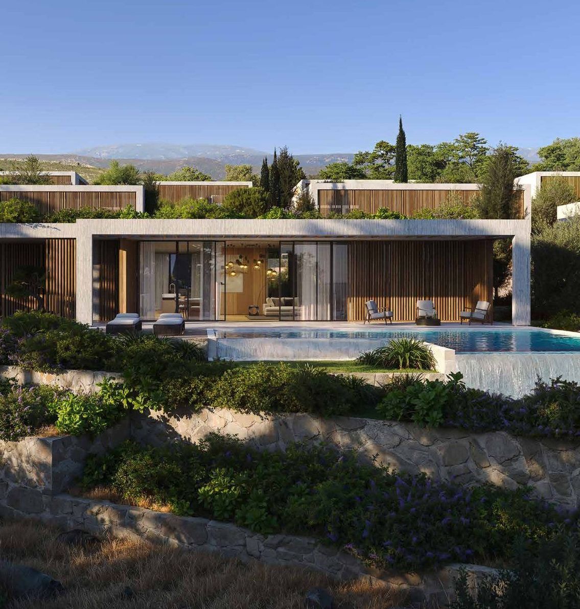 Modern luxury house with an infinity pool nestled into a green hillside.