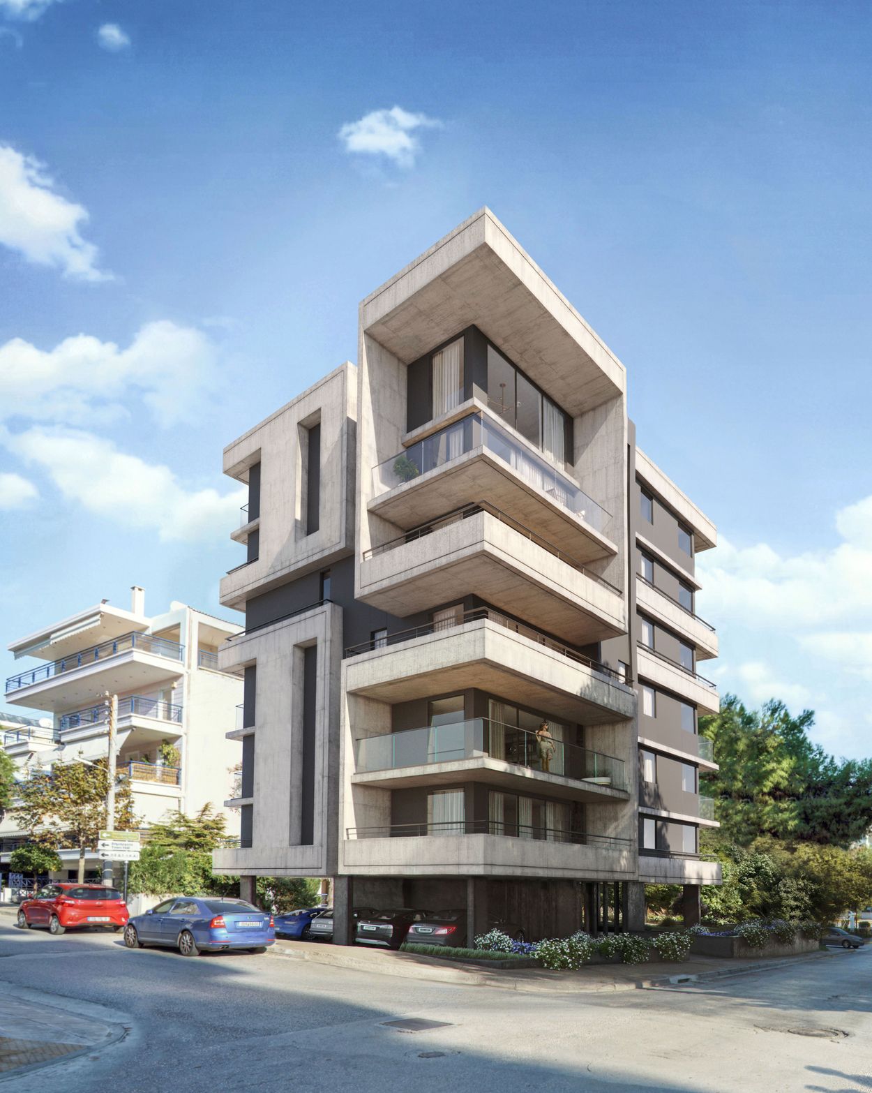 Modern multi-story building with geometric facades and balconies against a blue sky.