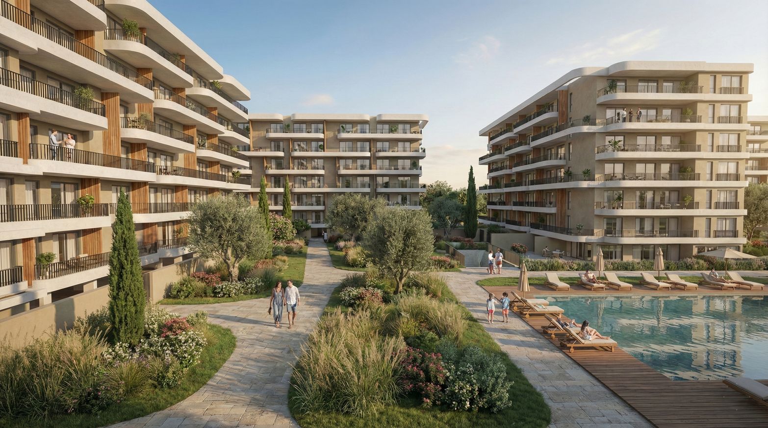 Modern apartment complex with landscaped courtyard, swimming pool, and residents enjoying the outdoor space.
