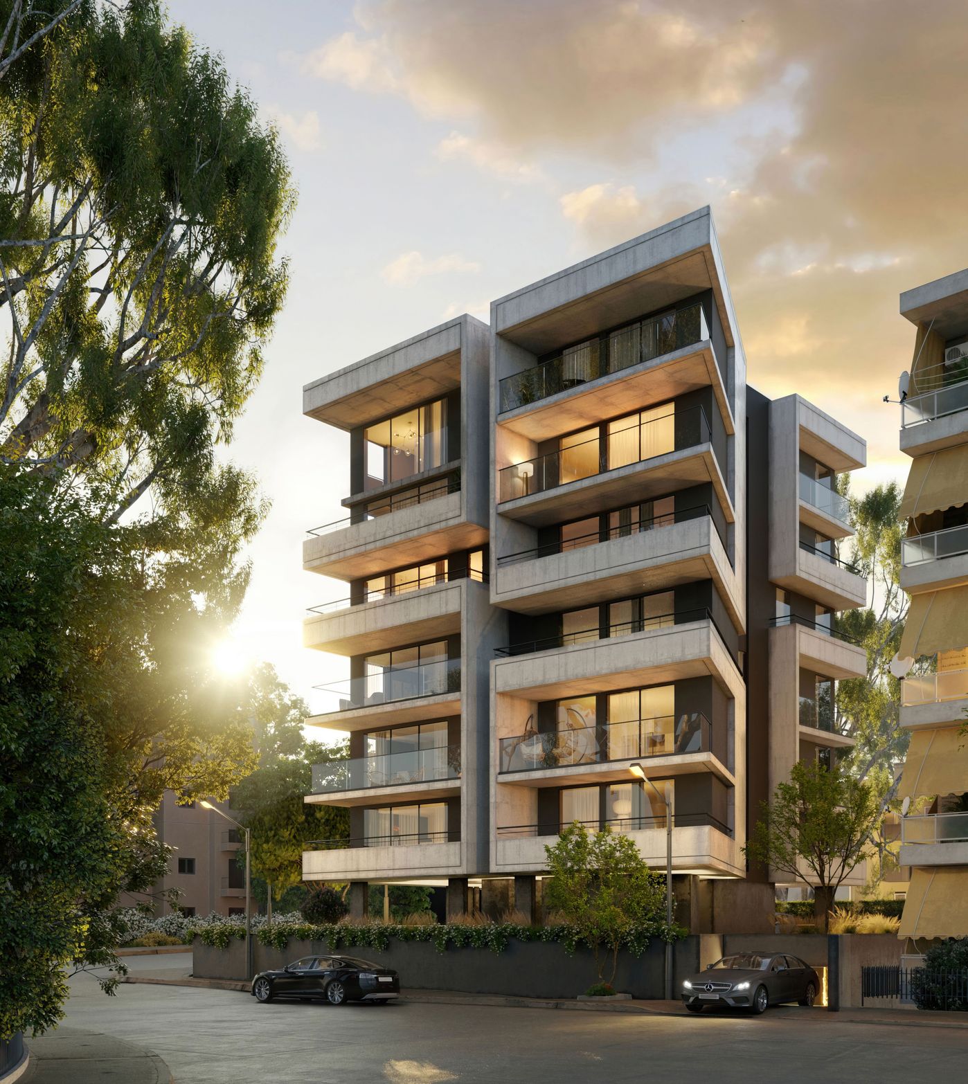 Modern multi-story residential building with balconies, trees, and parked cars under a sunset.