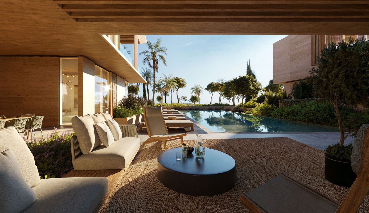 Modern outdoor patio with sleek furniture, a swimming pool, lush landscaping, and ocean view.