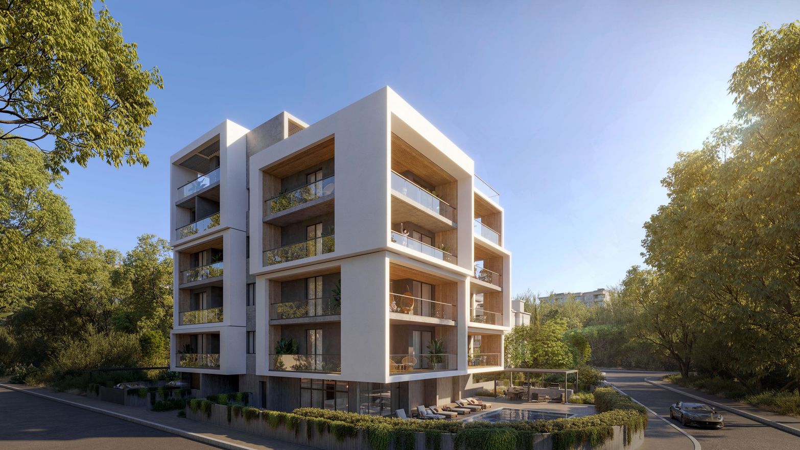 Sleek modern building with white facade, wood details, and glass balconies amidst green trees.