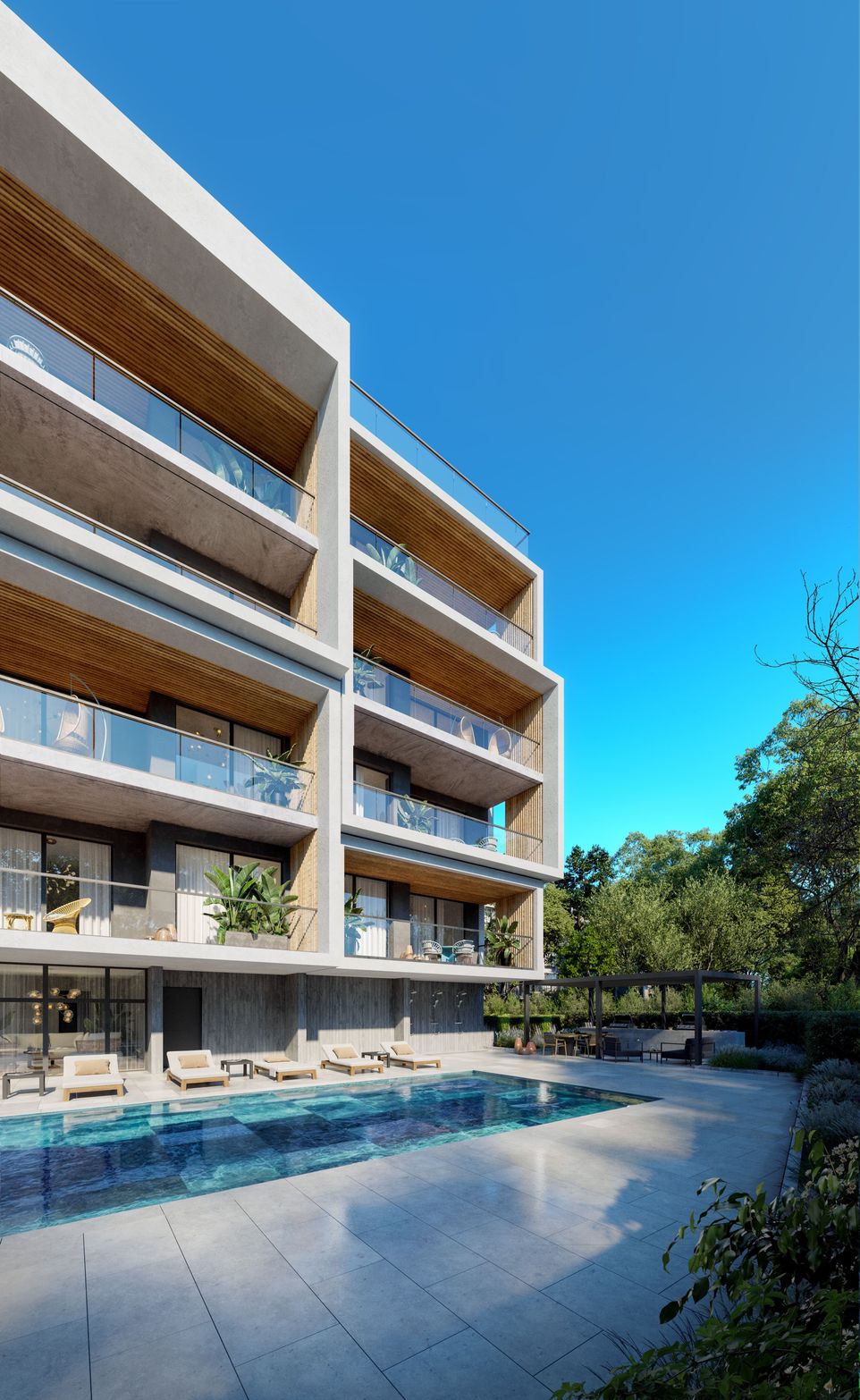Modern residential building featuring multiple balconies, a large swimming pool, and green landscaping.