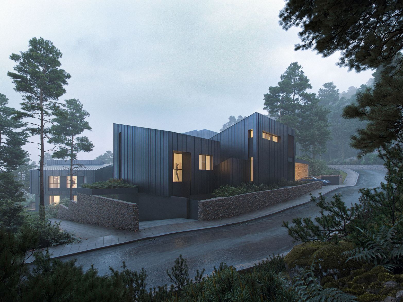 A modern, dark-colored geometric house sits on a winding road amidst misty trees.
