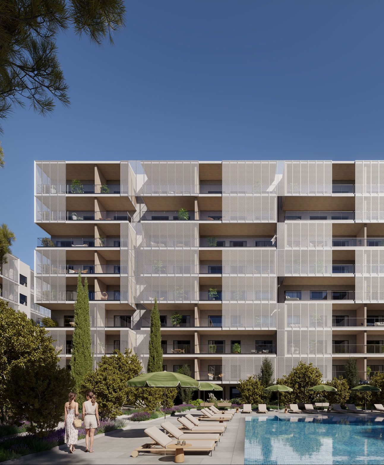 Modern building with intricate facade overlooking a swimming pool area with sunbathers.
