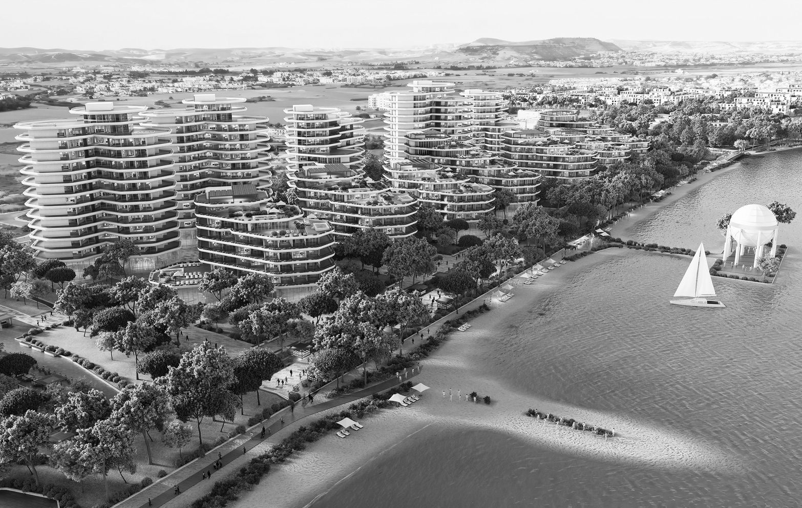 Monochrome aerial view of a modern coastal city with buildings, sailboat, and elephant sculpture.