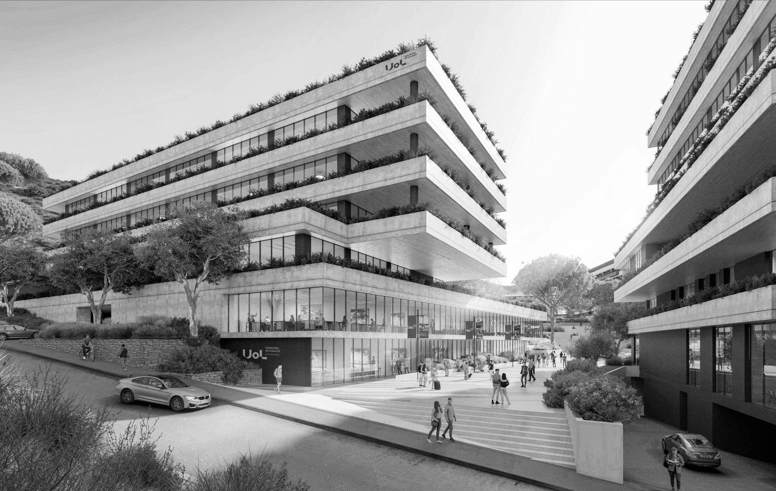A modern multi-story building complex with tiered balconies, a public plaza, and people walking.