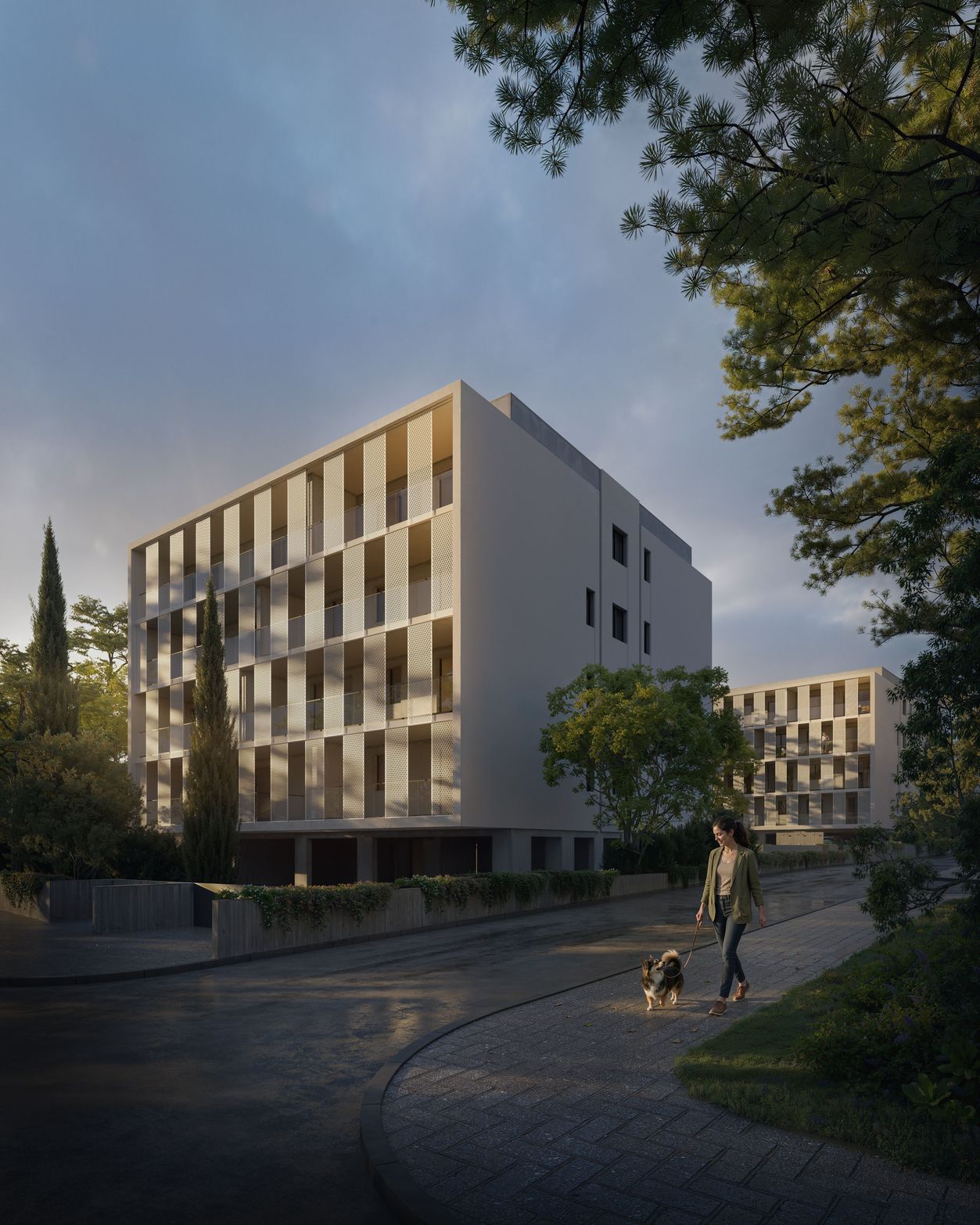 Geometric facade of a modern building with many windows, a person and dog stroll on a path.