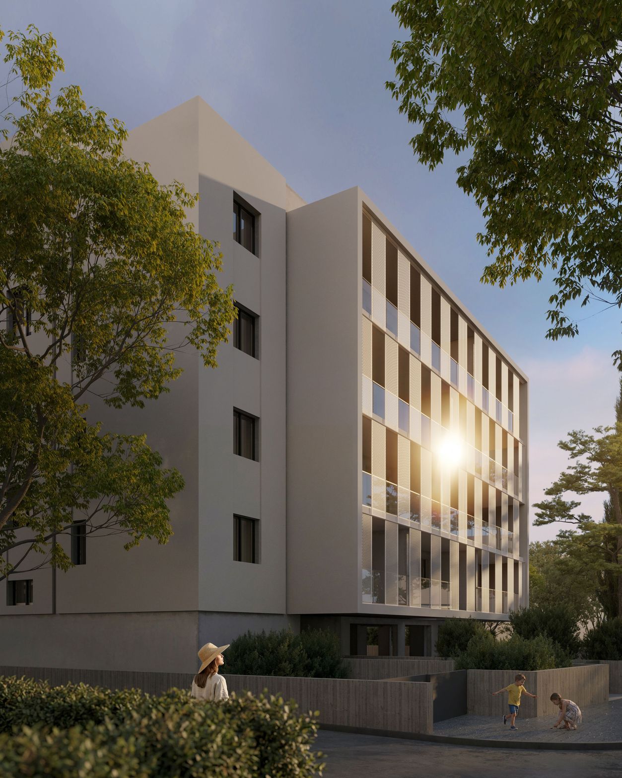 Modern residential building with multiple stories, balconies, and sunlight reflecting brightly off its windows.