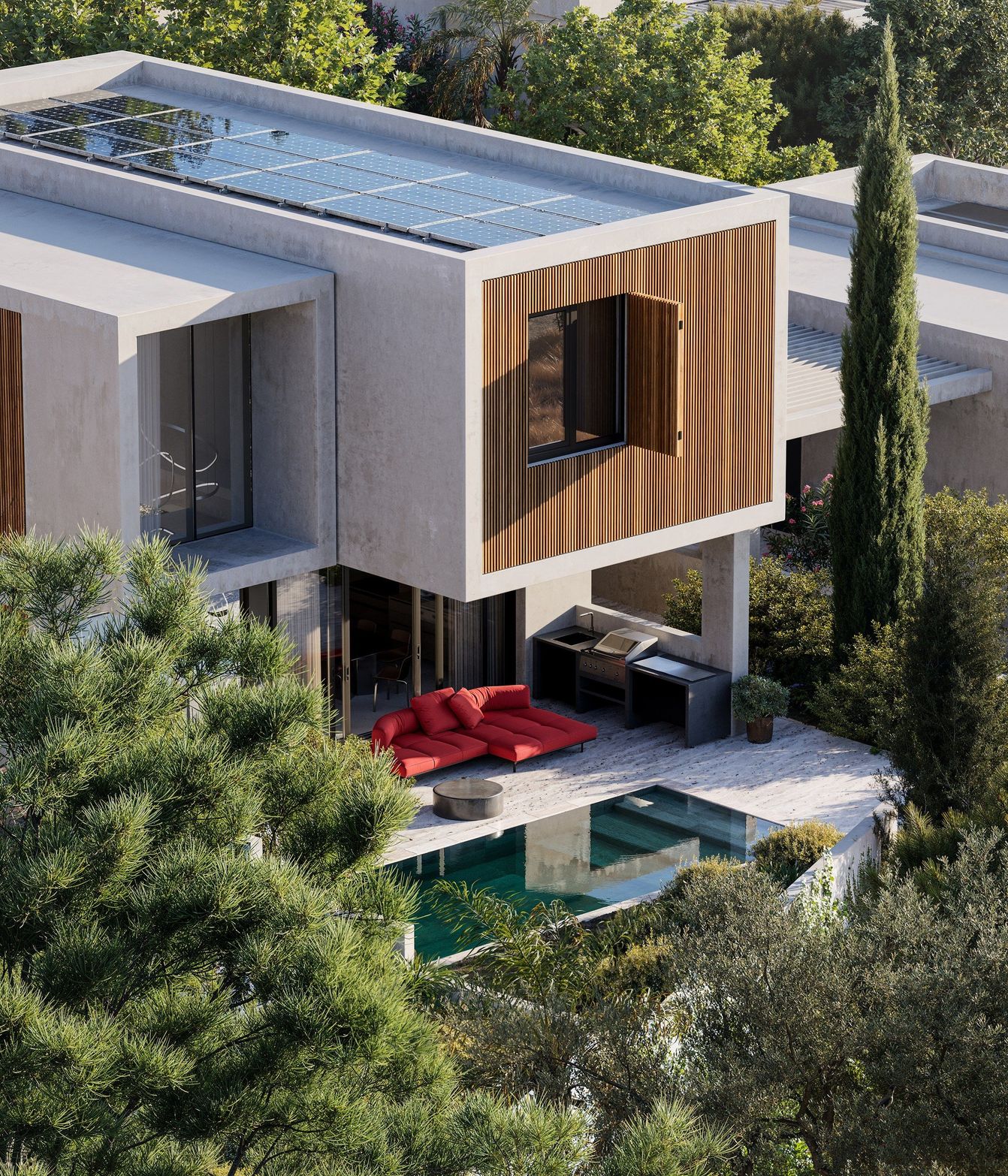 Modern house with concrete and wood exterior, rooftop feature, outdoor patio, and pool.
