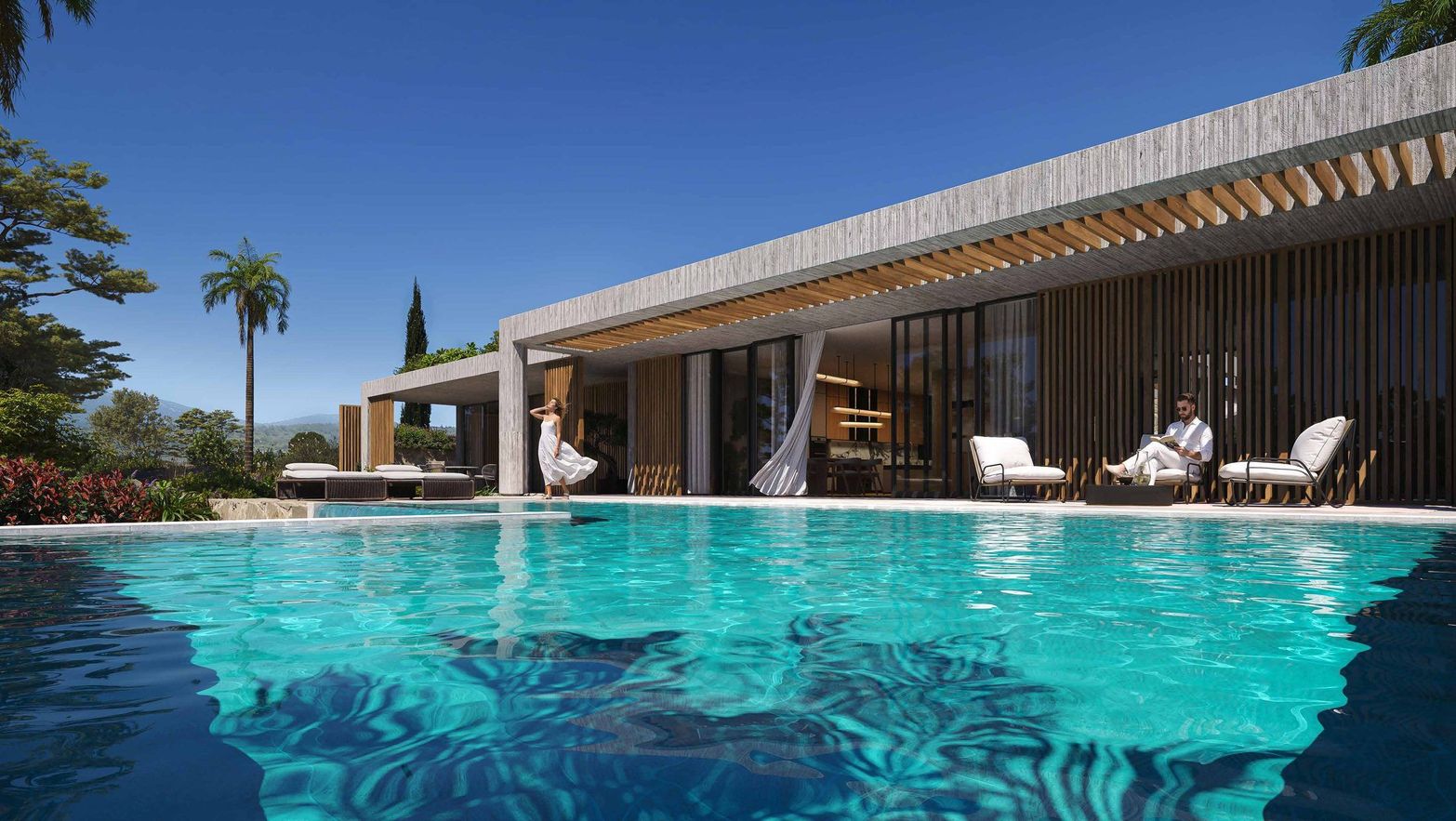 Modern luxury villa with a large turquoise swimming pool and outdoor lounge area.