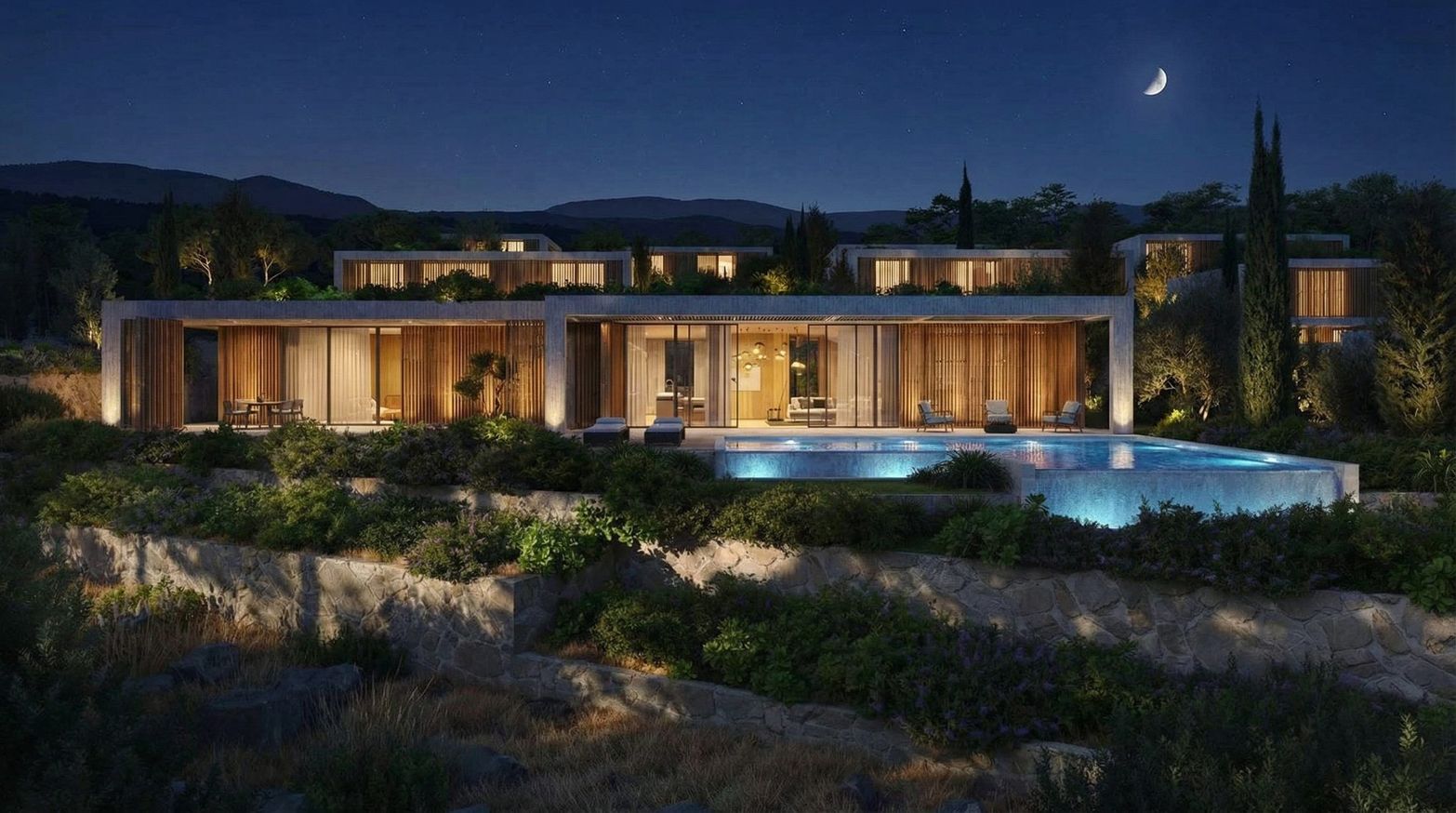 Luxurious modern house with illuminated infinity pool under a crescent moon at night.